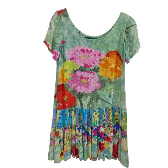 Jams World Dresses & Skirts - VTG Jams World Womens Mini Dress M Green Colorful Floral Ruffle Hawaiian Beach